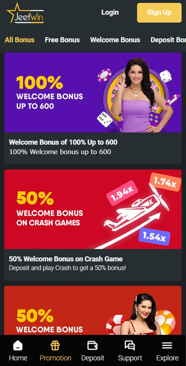 جب آپ سائن اپ کرتے ہیں تو JeetWin خوش آمدید بونس دیتا ہے۔