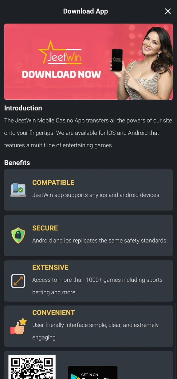 JeetWin انسٹال کرنے کے لیے ایپلیکیشن سیکشن میں لنک یا QR کوڈ کا استعمال کریں۔